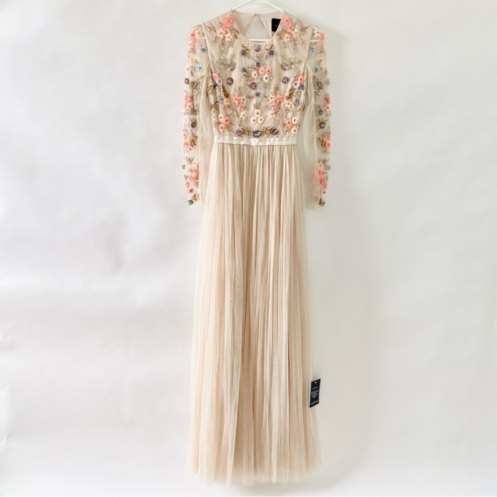 Needle & Thread Floral Embroidered Maxi Dress in Cream and Pink - Picture 7 of 14